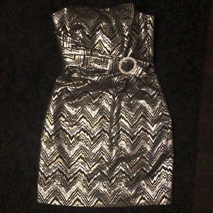 Trina Turk chrome pattern strapless mini w bling